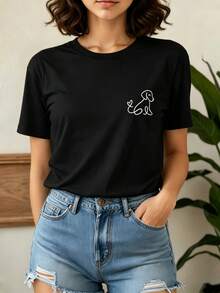 Women's T-Shirt: This Women's Summer T-Shirt Features An Adorable Seated Puppy Print, Perfect For Pet Lovers And Everyday Casual Wear. It Has A Relaxed Fit, A Stylish Round Neck, Short Sleeves, And Is A Fashionable Casual Top Ideal For Parties, Holiday Gifts, And Everyday Use. - 黑色 - 查看 1