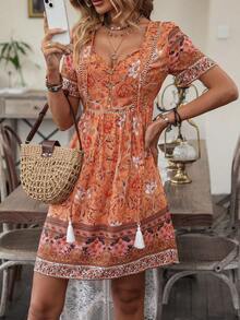 Vestido con estampado floral de cuello con cordón y fleco - Naranja - Ver 5