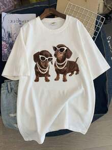 Camiseta de manga corta para mujer con estampado de perlas y gafas de sol de Dachshund, estilo mexicano básico, con temática de perro divertido, top casual, corte holgado, efecto adelgazante, cómoda y transpirable, estilo retro americano, lindo y relajado, camiseta para mujer, perfecta para el día a día/para amantes de mascotas/reuniones de chicas/ropa de campus/nuevos lanzamientos de ropa de primavera-verano. - Blanco - Ver 7
