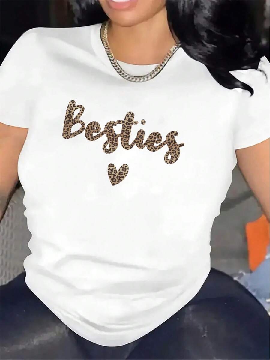 Lightweight Short Sleeve T-Shirt With Leopard Print Besties Design | Ideal For Restaurants Or Living Rooms, Durable And Lightweight, Comfortable Fabric, Stylish And Perfect For Everyday Wear, Ideal Gift For Friends And Family Gatherings. - 白色 - 查看 1