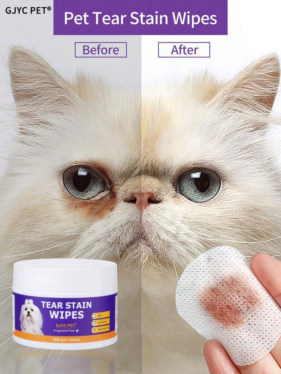 GJYC PET 100片装宠物眼部清洁湿巾 - 温和去除泪痕、眼部碎屑、分泌物和粘液 - 椰子油清洁、护理和除臭湿巾，适用于眼部、皱纹和面部 - 适用于犬猫