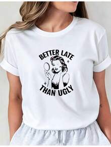 Light1pc Women's Long Sleeve T-Shirt, Regular Fit, Vintage Style, Printed With The Text "Better Late Than Ugly" And Classic Design With Faith Images, Streetwear Style, Youthful Design, Comfpi01, Casual Round Neck Top, Comfortable Women's Clothing, Summer. - 白色 - 查看 6