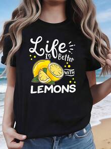 La vida es mejor CON LOS LIMONES, camiseta de talla grande para mujer con estampado de ilustración de frutas, ideal para primavera/verano. Adecuada para salidas de verano, fiestas temáticas de limones, desplazamientos diarios y como un atuendo relajante de manga corta para el estilo urbano de todos los días. - B - Ver 1