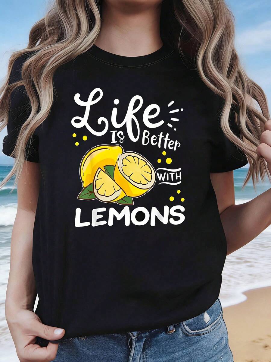 La vida es mejor CON LOS LIMONES, camiseta de talla grande para mujer con estampado de ilustración de frutas, ideal para primavera/verano. Adecuada para salidas de verano, fiestas temáticas de limones, desplazamientos diarios y como un atuendo relajante de manga corta para el estilo urbano de todos los días. - B - Ver 1