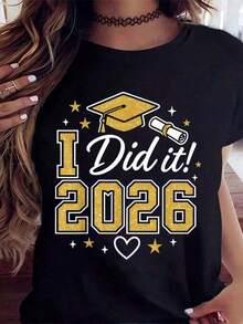 Camiseta de Graduación "Lo Logré 2026" con Diseño de Gorro y Diploma para Fiesta de Celebración de Graduados Universitarios, Camiseta de Algodón Cómoda de 220g - Negro - Ver 2