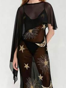 Women Sheer Mesh Poncho Solid Color Round Neck Asymmetrical Hem Loose Shawl Wraps Cape Tops - 黑色 - View 1