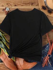 Women's Casual Blouse, Simple Style For Everyday Wear, Spring/Summer, Elegant, Round Neck, Polyester Fiber (Polyester), Letter Print, Women's T-Shirt, Comfortable, Soft, Simple For Everyday Wear, Short Sleeve Top - 黑色 - 查看 3