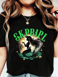 1 Women's Short Sleeve T-Shirt With Mermaid Print, Modern, Elegant And Slimming, The Perfect Gift For Birthdays Or Holidays, 180g 100% Cotton. - 黑色五號 - 查看 7