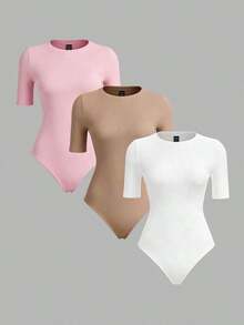 3 piezas Body ajustado de manga corta y cuello redondo de punto de unicolor para mujer - Multicolor 4 - Ver 1