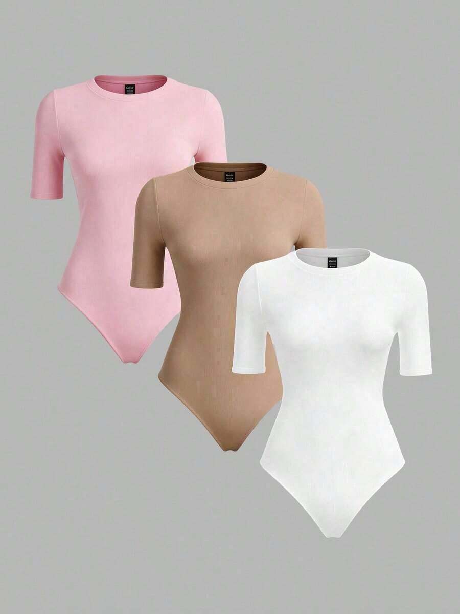 3 piezas Body ajustado de manga corta y cuello redondo de punto de unicolor para mujer - Multicolor 4 - Ver 1