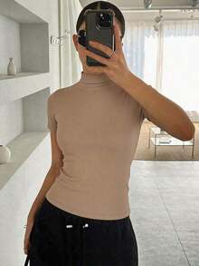 Camiseta sin mangas de verano para mujer, de cuello alto, ajustada y casual - Caqui 2 - Ver 4