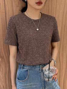 Camiseta de mujer de corte holgado con cuello redondo y manga corta con decoración de rayas de color block - Café integral - Ver 5