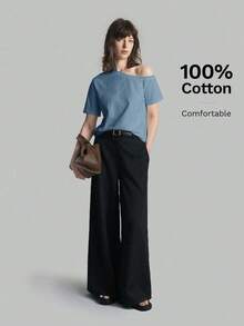 2026SS Nueva Blusa de Mujer de unicolor con Hombros Descubiertos, Uso Casual Diario, Camiseta de Manga Corta Holgada, Blusas de Verano para Mujer, Casual de Negocios, Vacaciones, Playa, Fiesta de Cumpleaños, Atuendo de Maestra, Regreso a Clases - Celeste - Ver 1