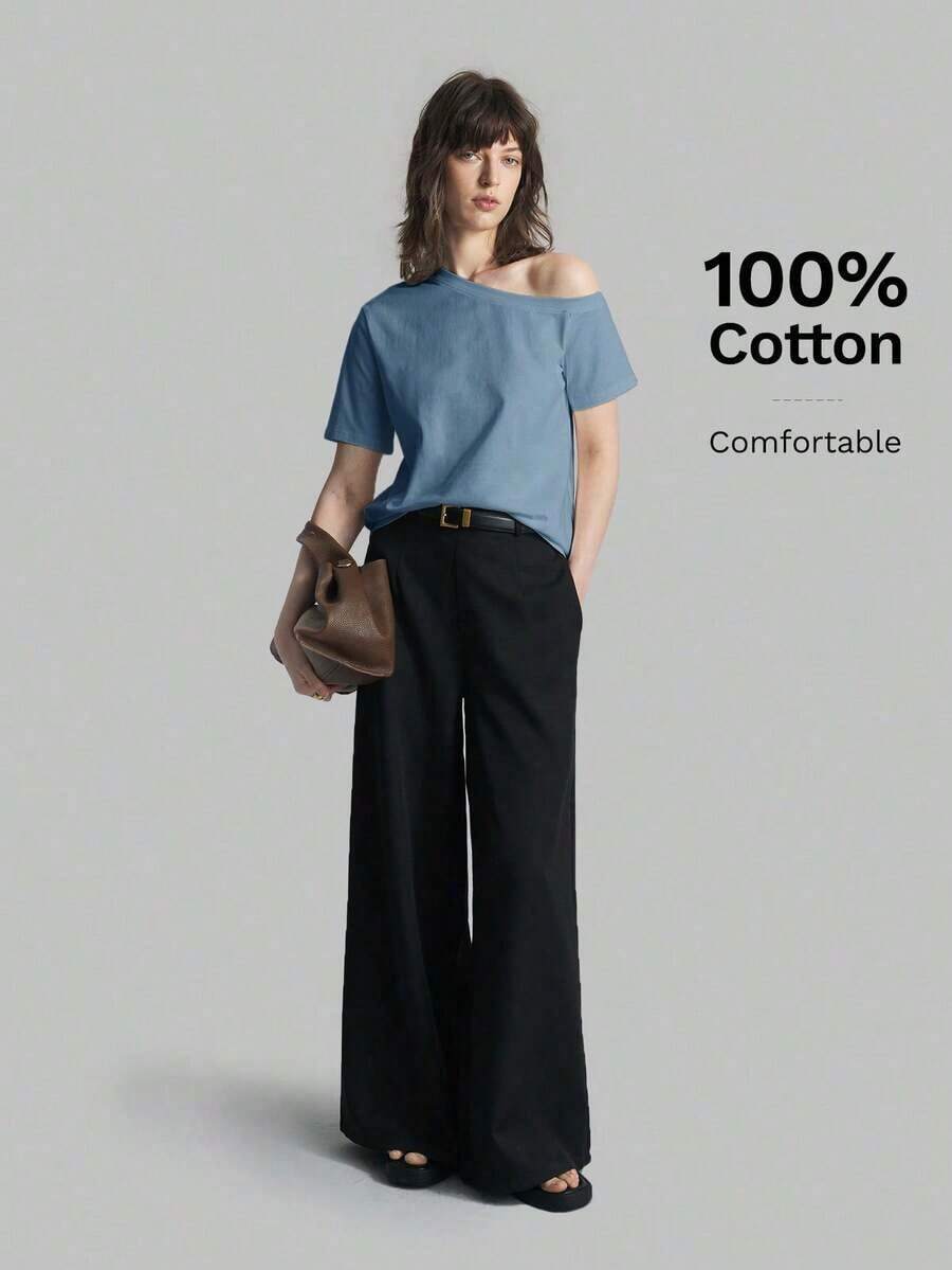 2026SS Nueva Blusa de Mujer de unicolor con Hombros Descubiertos, Uso Casual Diario, Camiseta de Manga Corta Holgada, Blusas de Verano para Mujer, Casual de Negocios, Vacaciones, Playa, Fiesta de Cumpleaños, Atuendo de Maestra, Regreso a Clases - Celeste - Ver 1