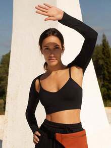 Blusa de manga larga ajustada y corta de unicolor para mujer - Negro - Ver 5