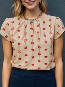 Blusa elegante con estampado de lazo para mujer, verano - Rojo - Ver 5