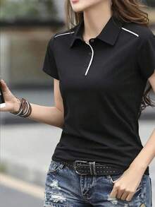 Camiseta sencilla de manga corta con estampado de color contrastante para mujer - Negro - Ver 4