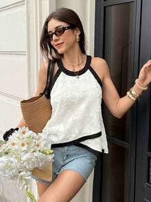 Frenchy Blusa de diseño sencillo con cuello redondo y ribete de contraste sin mangas, Parte superior sin mangas con diseño de ribete de color block y bajo asimétrico, Tela de textura de lino slub, Camiseta sin tirantes envolvente de cuello halter de nicho versátil, Blusa blanca, Fresca y artística, Para vacaciones de verano, Elegante blusa de mujer, Parte superior para dama de honor, Parte superior para fiesta - Albaricoque - Ver 4