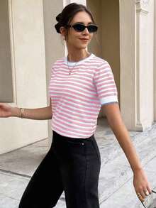Tops de Punto A rayas Casual - Rosado Sandía - Ver 6
