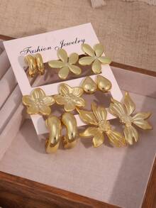 2-12pcs Gold-Tone Women's Fashion Earring Set, Including Left & Right Ear Flowers, Sunflowers, Five-Petal Flowers, Smooth C-Shaped, Teardrop, Snake Tail C-Shaped, Fashionable & Elegant Earring Set For Autumn/Summer, Suitable For Outing, Vacation, And Gift-Giving - Gold - View 5