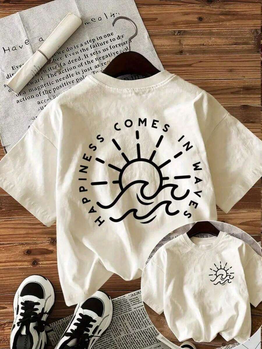 Short-Sleeve Letter Print T-Shirts, Casual Short-Sleeve Crew Neck Tops,  Spring/Summer Casual Wear For Women, 100% Cotton Tops, T-Shirts, Pure Cotton T-Shirts - 杏 - 查看 1