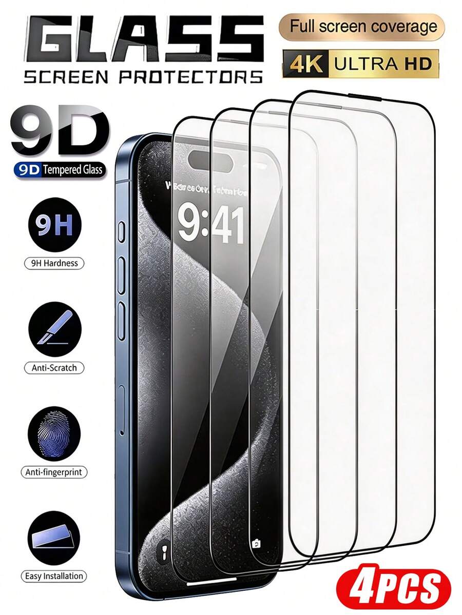4入裝 超高清鋼化玻璃螢幕保護貼，附絲印黑色邊框，相容 iPhone 17 Pro Max/17 Pro/17 Air/17 E/17/16 Pro Max/16 Pro/16 Plus/16/15/14/13/12/11，超高清顯示、保護殼友善、抗指紋抗油污、觸控順滑靈敏、抗摔抗刮，日常通勤必備手機配件