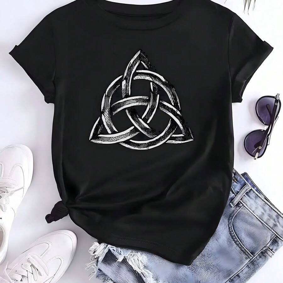 Patrón geométrico, camiseta impresa, cuello redondo camiseta de manga corta, top diario casual, ropa de mujer - Negro - Ver 1