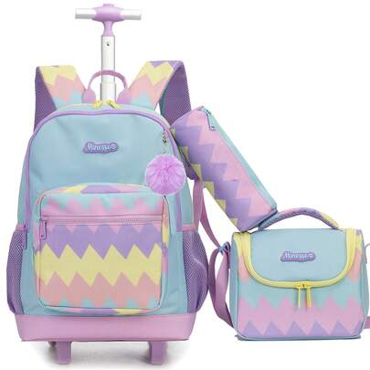3pcs/Set Girls' Roller Backpack With Crossbody Bag, Cute Printed Wheeled School Bag, Lightweight Rolling Luggage