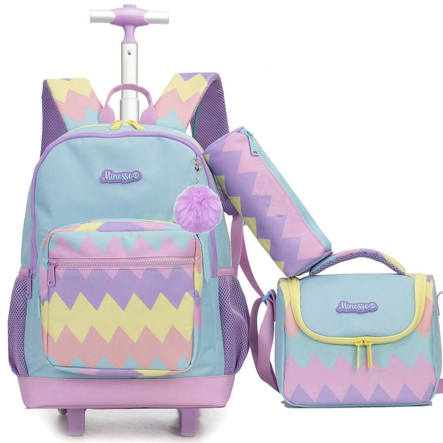 3 pezzi/set Zaino con rotelle per ragazze con borsa a tracolla, zaino scolastico con ruote e stampa carina, bagaglio a rotelle leggero - Borsa a rotelle per ragazze - Visualizzare 1