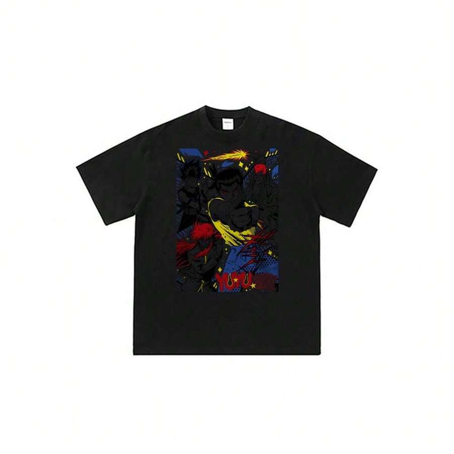 Yu-Yu-Hakusho-Yusuke-Urameshi-Kurama-Hiei-Kazuma-Kuwabara-Group-Posing-Art Camiseta unisex de manga corta informal de verano con estampado de dibujos animados de anime Y2K - Negro - Ver 1