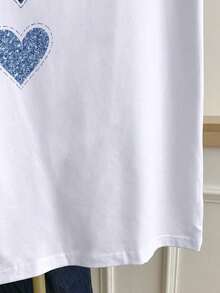 Camiseta de manga corta de uso diario versátil y casual con cuello redondo, estampado de letras y flores en colores contrastantes para mujer - Blanco 9 - Ver 5
