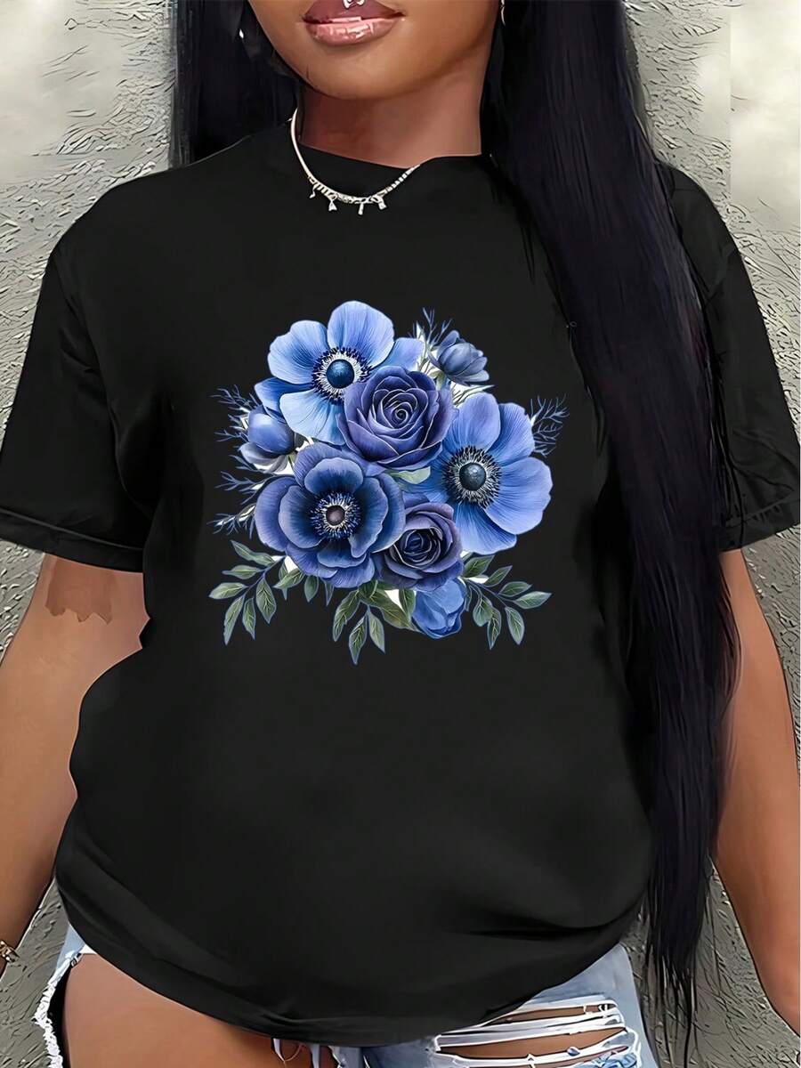 Lightweight And Durable Short-Sleeved Polyester T-Shirt With A Blue Floral Print, Suitable For Casual Wear At Home, In The Office, Or In Restaurants. Comfortable And Fitted For Everyday Wear. Women's Casual Blouse - 黑色 - 查看 1