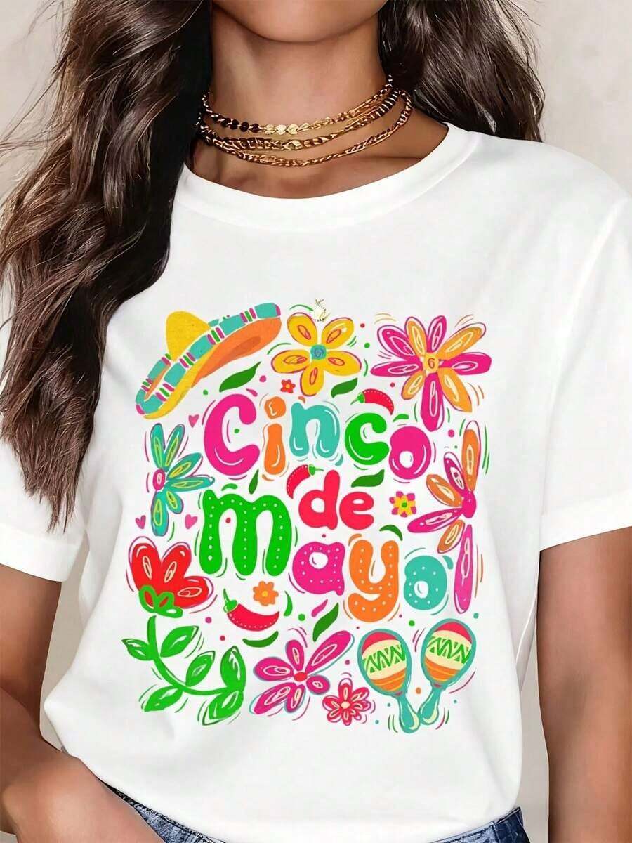 Women's Cinco De Mayo T-Shirt With Floral Print And Maraca Hat, Casual Style, Round Neck, Short Sleeve, Perfect As A Birthday Gift, Suitable For All Seasons, For Everyday Outdoor Use. - 白色 - 查看 1