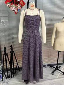 Nuevo Vestido Largo de Gala con Encaje y Apliques Florales Tirantes Delgados - Morado - Ver 4