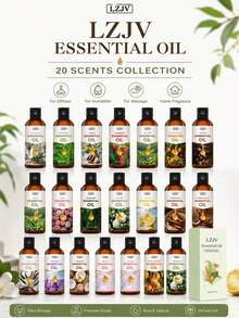 LZJV Bộ 20 loại tinh dầu nguyên chất, 100ml tinh dầu thảo mộc, thích hợp dùng cho máy tạo độ ẩm và máy khuếch tán, gồm các mùi hương: Oải hương, Hoa hồng, Bạc hà, Gỗ đàn hương, Dừa, Hoa anh đào, Tràm trà, Lô hội, Hương thảo, Vani, Khuynh diệp, Dầu thầu dầu, Cam ngọt, Chanh, Hoa nhài, Hoa dành dành, Quế, Cà phê, Dâu tây. Công dụng: Dưỡng da, chăm sóc da mặt và tóc, khử mùi cho phòng khách và phòng tắm, tuyệt vời cho máy khuếch tán, yoga, làm nến và xà phòng thủ công. - nhiều mùi hương - Xem 1