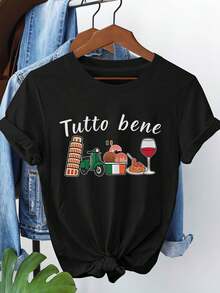 1 pieza de estilo de vida relajada italiana, con estampado del italiano "Tutto bene" con la Torre Inclinada de Pisa, una motocicleta pequeña y patrones de helado, camiseta de moda casual de cuello redondo para mujer, talla grande, primavera/verano, 180g 100% algodón. - Negro - Ver 1