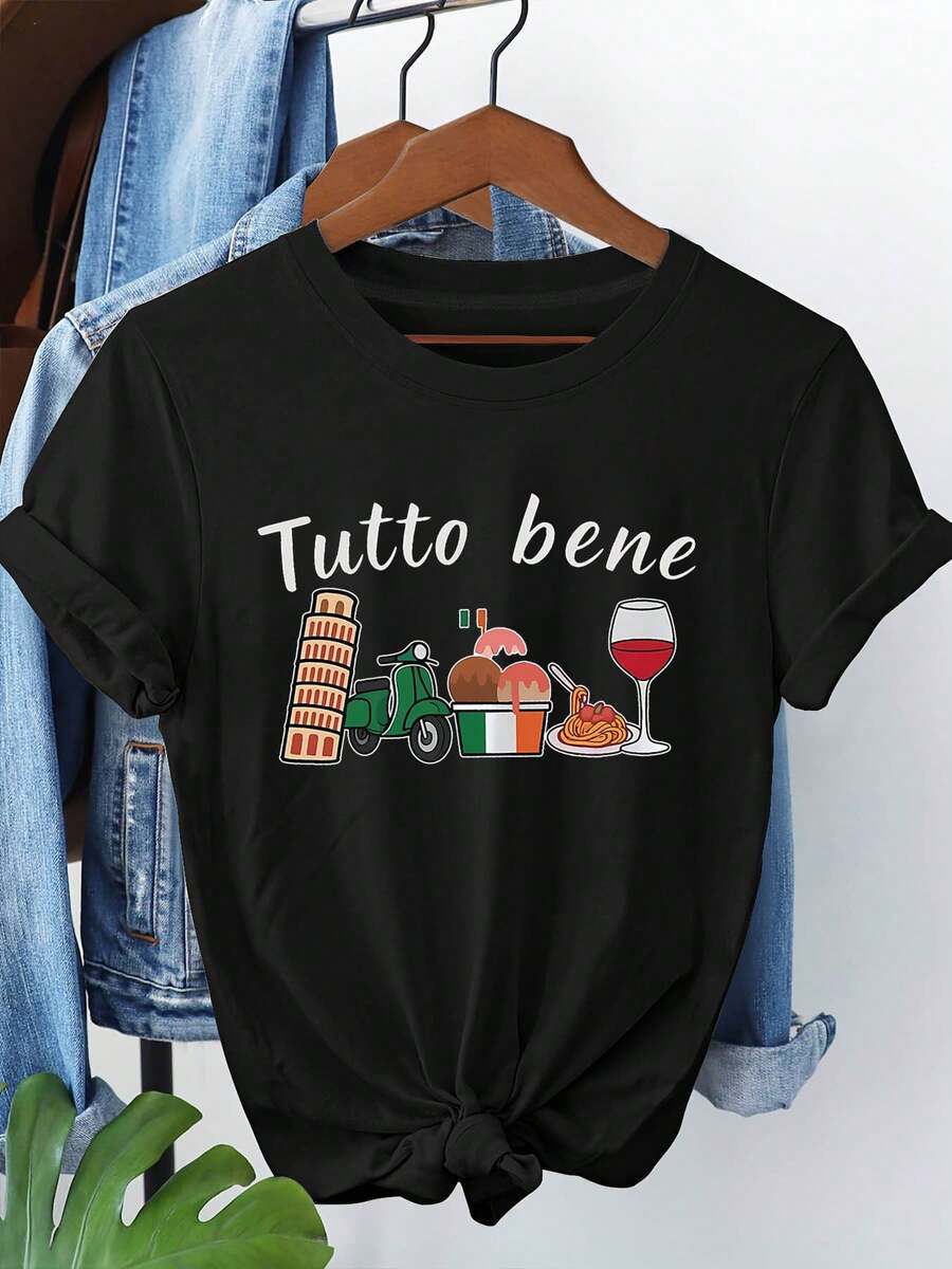 1 pieza de estilo de vida relajada italiana, con estampado del italiano "Tutto bene" con la Torre Inclinada de Pisa, una motocicleta pequeña y patrones de helado, camiseta de moda casual de cuello redondo para mujer, talla grande, primavera/verano, 180g 100% algodón. - Negro - Ver 1