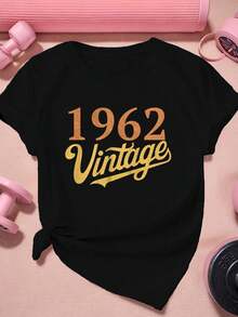 Women's Casual Sports T-Shirt 1962 Vintage - Black Short Sleeve T-Shirt, Elastic And Round Neck, Machine Washable, Comfortable Fit And Suitable For All Seasons, For A Retro And Casual Look. - 黑色 - 查看 6