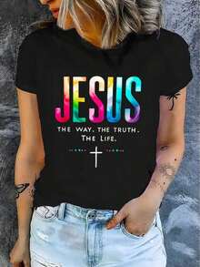 Camiseta casual de manga corta para mujer estampada con "Jesus And THE WAY". VERDAD. Camiseta Oversize con la Letra LIFE, Ropa de Verano, Estilo Urbano, Casual, Cuello Redondo, Algodón, Moda de Verano, Camiseta Holgada para Mujer, Atuendo Diario - Negro - Ver 3