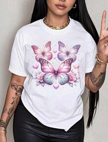 Cotton T-Shirt With Bohemian Butterfly And Floral Heart Pattern Design, Fashionable Casual T-Shirt For Women, Summer Clothes, Gift For Her On Her Birthday Or Valentine's Day - 黑色 - 查看 3