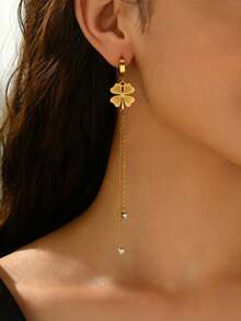 VceTd 1 Pair Elegant Style Stainless Steel Clover Tassel Earrings With Glass Decor, Suitable For Women To Wear At Banquets - Yellow Gold - View 4