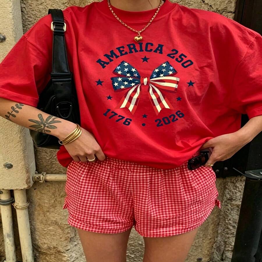Heartfelt Daily Casual Graphic T-Shirt 100% Cotton Oversized Soft Breathable Casual Crewneck Short Sleeve Top Cute Aesthetic Red Checkered Shorts Street Style Fashion Lovers Casual Wearer