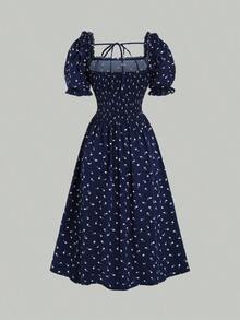 Vestido largo con escote cuadrado, mangas de globo y estampado floral, conjunto de mujer - Azul marino - Ver 8