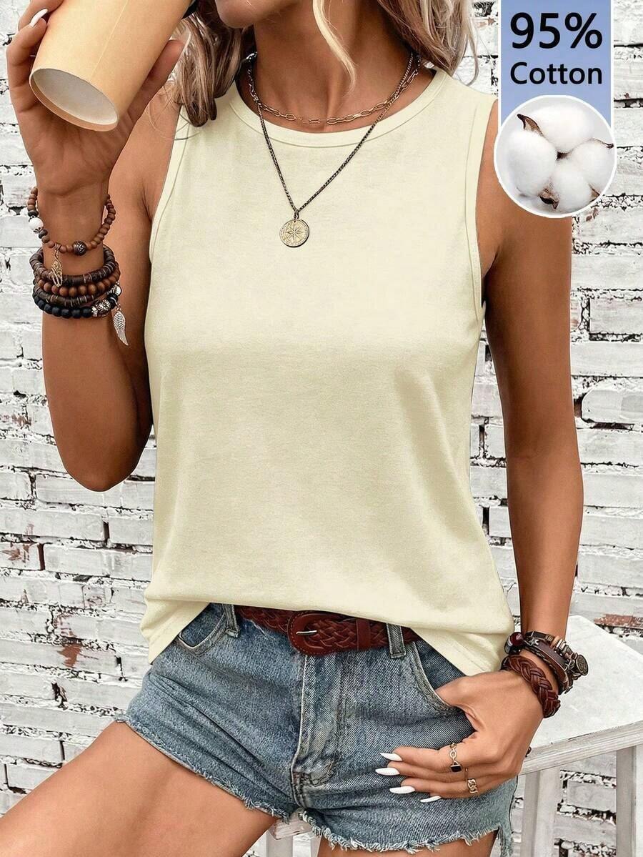 Camiseta sin mangas de cuello redondo 95% casual y cómoda para mujer - Beis - Ver 1