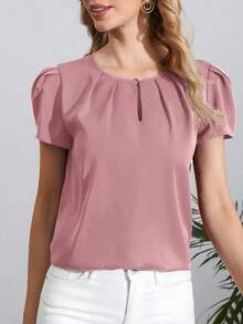 Camisa De Manga Abullonada Plisada De Color Liso Para Mujer - Rosa - Ver 6