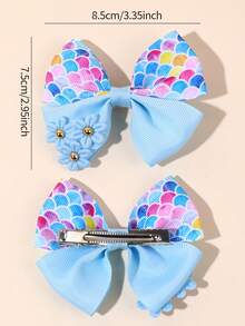 2pcs/Set Mermaid Hair Clips, Colorful Girly Hair Accessories, Fashion Fish Scale Print Satin Ribbon Bow Alligator Clips, Suitable For Summer Daily, Beach Party, Seaside Holiday, Coastal Beach Style Cute Hair Decor - Multicolor - View 5