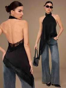 2026 Tall Backless Camisole Top With Elegant Lace Trim, Sexy Patchy Satin Sleeveless Blouse For Parties, Cocktails, Formal Occasions, Christmas, Business Casual - 黑色 - 查看 1