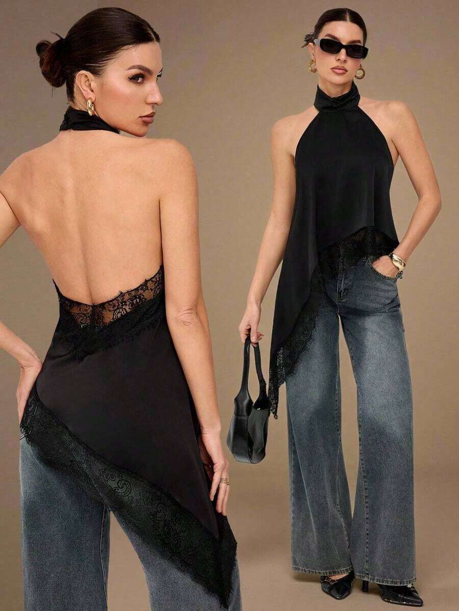 2026 Tall Backless Camisole Top With Elegant Lace Trim, Sexy Patchy Satin Sleeveless Blouse For Parties, Cocktails, Formal Occasions, Christmas, Business Casual - 黑色 - 查看 1