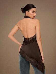 2026 Tall Backless Camisole Top With Elegant Lace Trim, Sexy Patchy Satin Sleeveless Blouse For Parties, Cocktails, Formal Occasions, Christmas, Business Casual - 棕色 - 查看 2