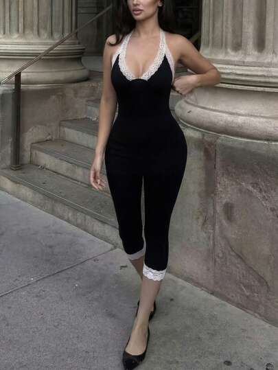 2026 New European And American Solid Color V-Neck Lace Trim Halter Backless Fitted Jumpsuit